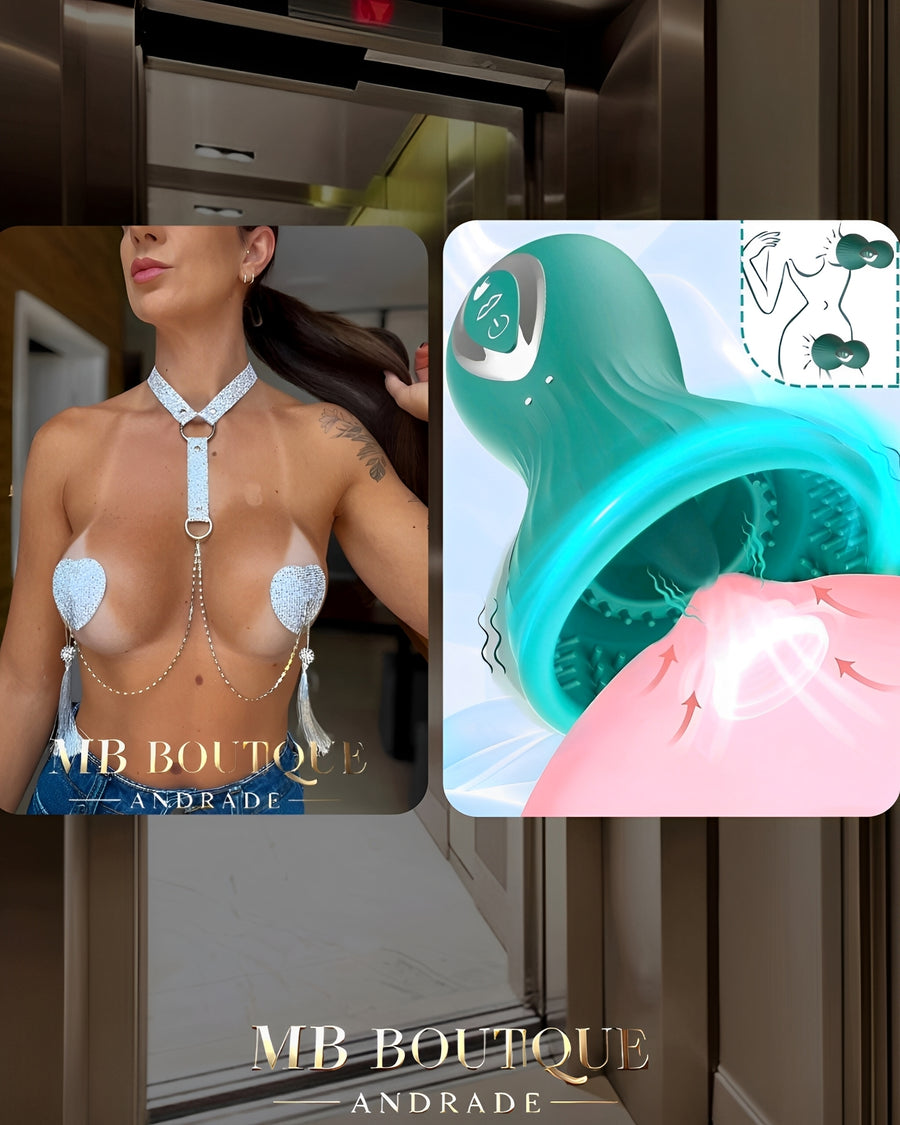 Kit Segredo no Elevador – Tapa Seios com Gargantilha + Vibrador de Sucção com 7 Modos