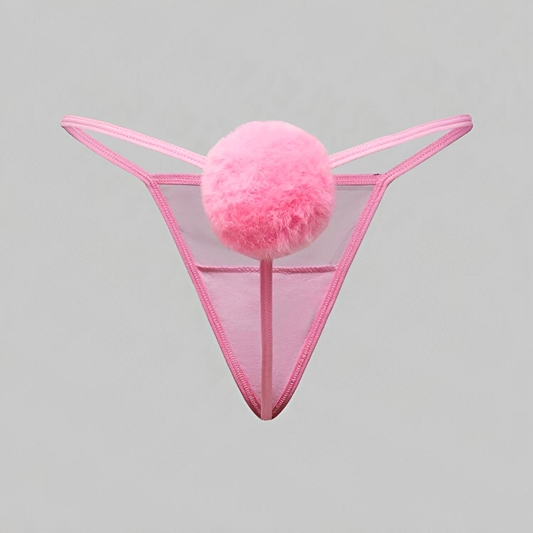 Calcinha Fio Dental Coelhinha com PomPom - Lingerie Sensual em Tule Transparente Rosa, Preto ou Branco | Calcinha Sexy Feminina P ao GG