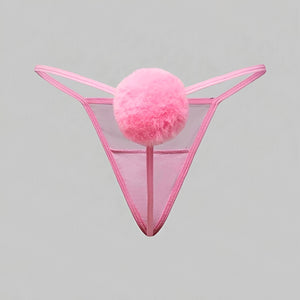 Calcinha Fio Dental Coelhinha com PomPom - Lingerie Sensual em Tule Transparente Rosa, Preto ou Branco | Calcinha Sexy Feminina P ao GG