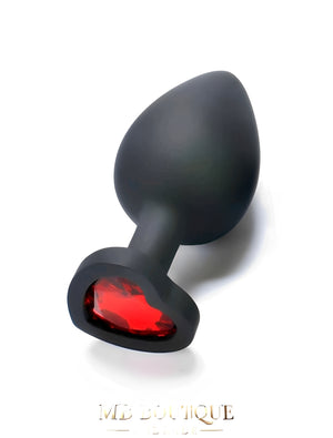 Plug Anal Preto de Silicone com Joia Vermelha em Formato de Coração – Tamanho Único