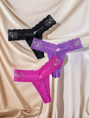 Kit 3 Calcinhas Fio Dental em Renda com Strass, preto, roxo, rosa– Lingerie Sexy e Confortável para Noite Especial e Presente Sensual