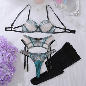 Conjunto de Lingerie Bordada Verde com Cinta-Liga e Fio Dental – Lingerie Sensual Luxuosa para Presentear