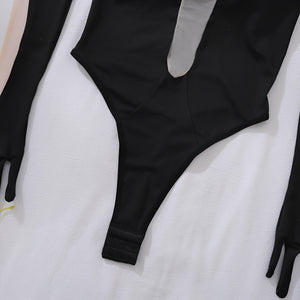 Body Preto Sexy com Transparência Profunda e Luvas Longas – Lingerie Sensual Feminina Cavada de Luxo