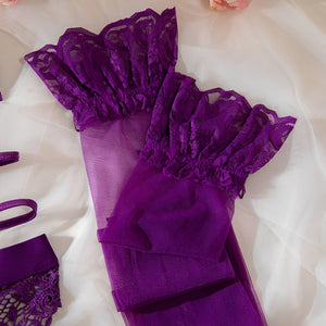 Conjunto Lingerie Sexy Roxo com Cinta-Liga, Meias e Luvas – Lingerie Sensual Feminina de Luxo