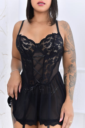 Camisola Sexy Preta em Renda e Tule Transparente com Ligas de Perna – Lingerie Sofisticada P ao G2