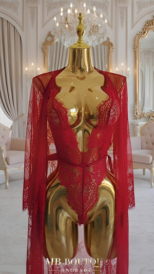 Body de Renda com Robe Feminino e Cinto de Cetim - Lingerie Sensual Elegante sem Bojo e sem Aro - Preto, Vermelho, P ao GG