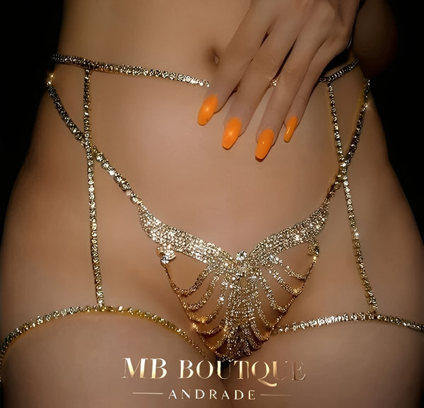 Calcinha Borboleta com Strass e Cinta-Liga – Coleção Gold | Lingerie Luxuosa