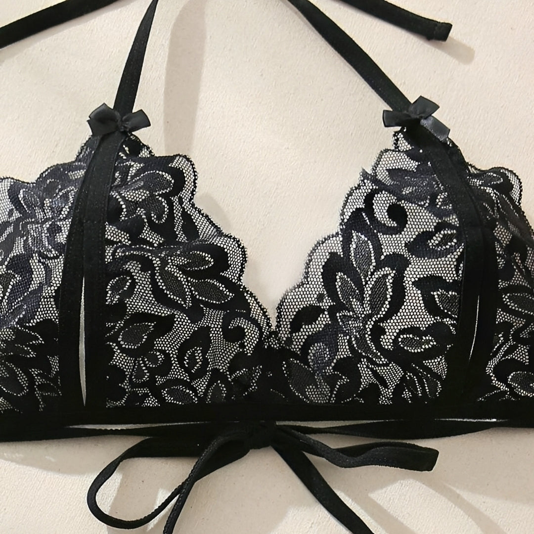 Conjunto de Lingerie Rosa em Renda Transparente e Calcinha Fio Dental com Abertura - Lingerie Sensual e Ousada MB