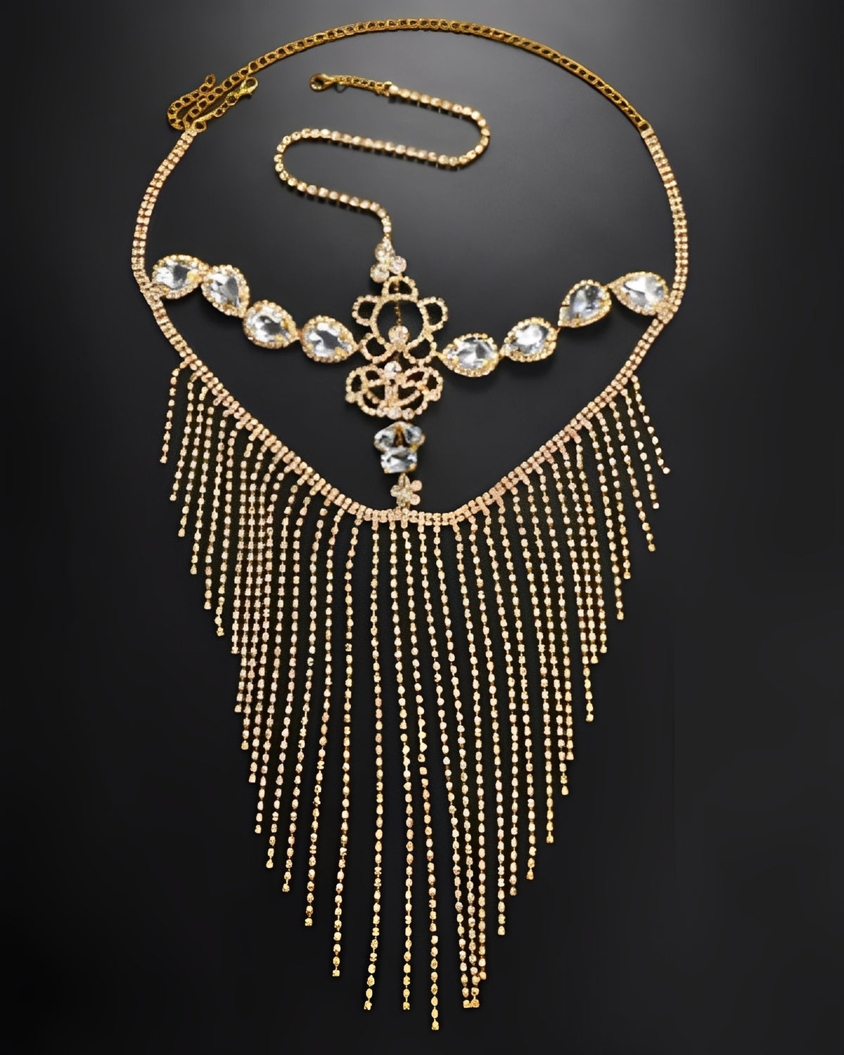 Máscara de Strass Luxuosa com Franjas Longas – Acessório Dourado ou Prateado para Festa, Baile e Fantasia Elegante