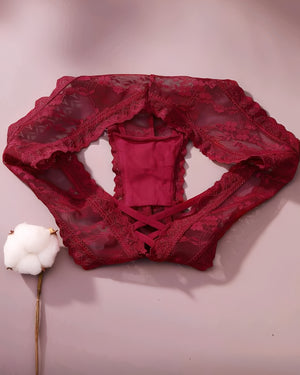 Calcinha Confortável Rendada com Tiras Cruzadas - Lingerie Sensual Feminina Rose, Preta ou Vermelha