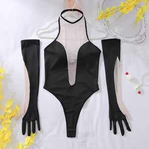 Body Preto Sexy com Transparência Profunda e Luvas Longas – Lingerie Sensual Feminina Cavada de Luxo