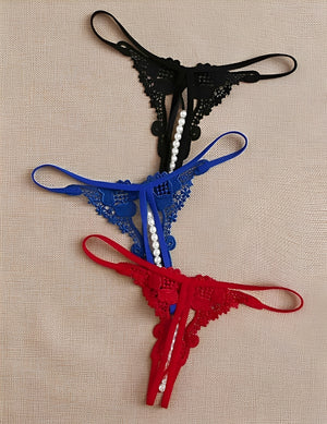 Calcinha Fio Dental com Pérolas - Kit Sensual em Renda Preta, Azul e Vermelha | Lingerie Erótica Luxuosa