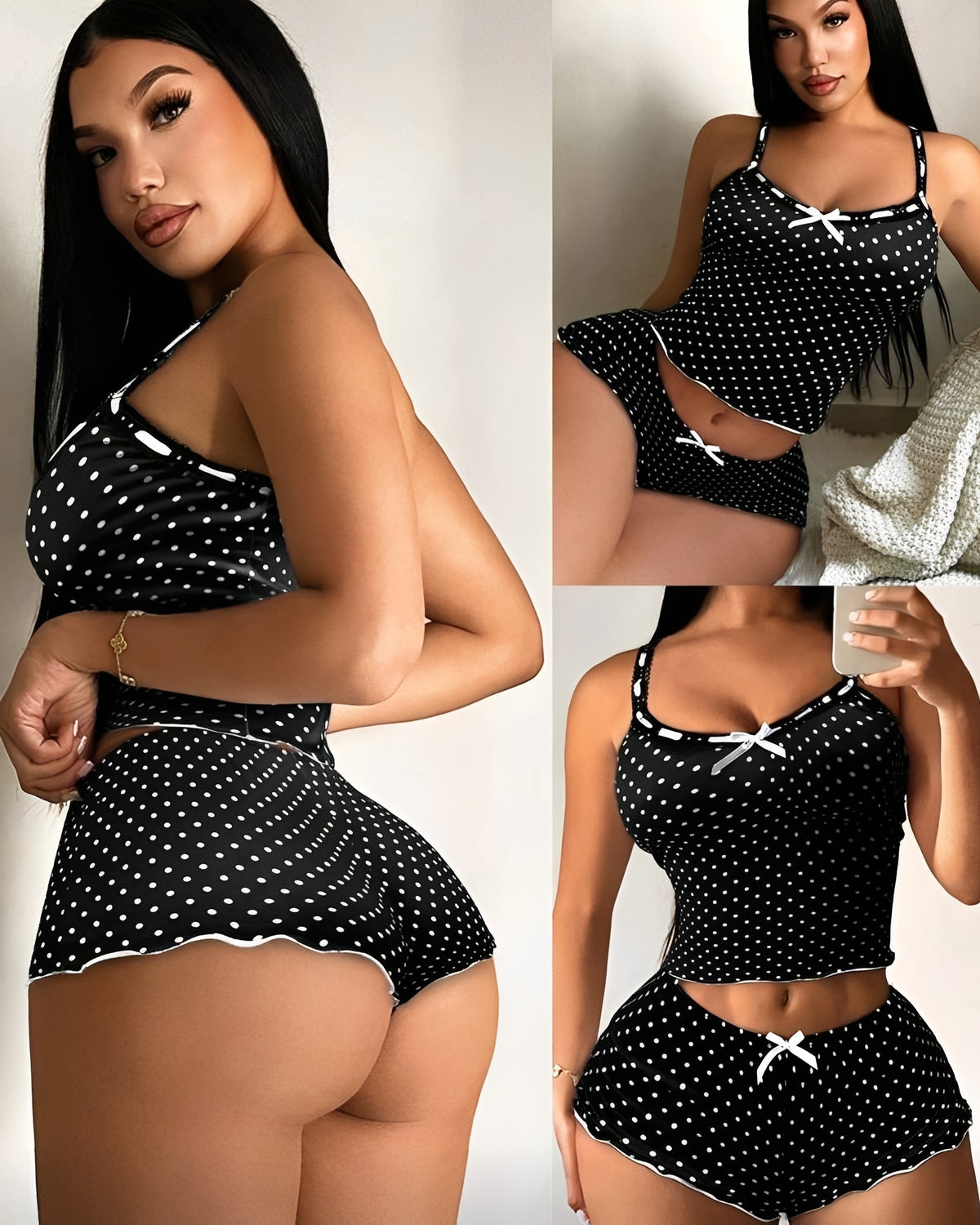 Baby Doll Poá Feminino Curto em Microfibra – Conjunto de Alcinhas com Shorts Soltinho (Preto ou Branco) | P ao GG