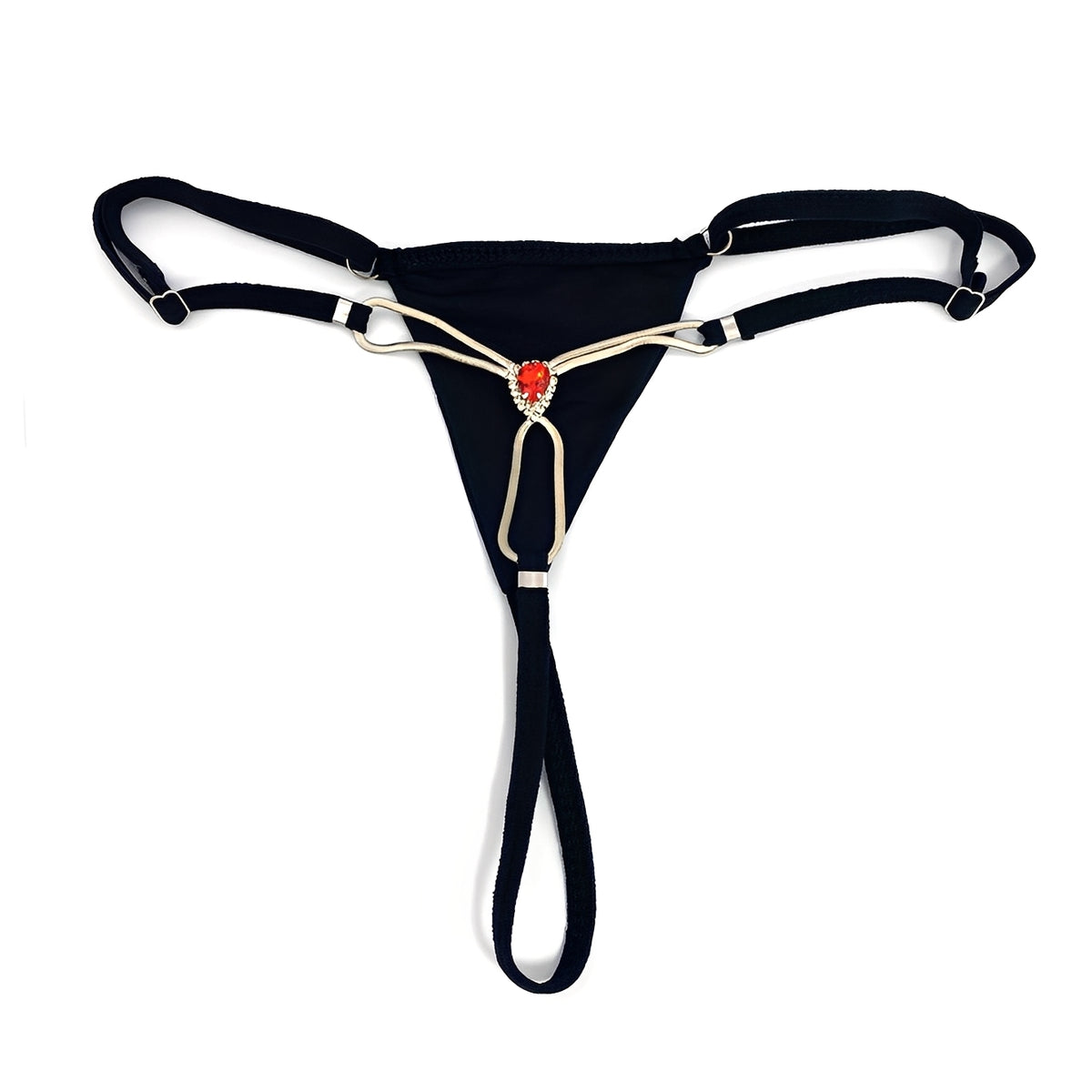 Calcinha Fio Dental Luxo com Pedra Vermelha em Strass e Corrente Metálica - Lingerie Sensual Feminina - Cores vermelho, Preto e branco