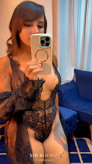Body de Renda com Robe Feminino e Cinto de Cetim - Lingerie Sensual Elegante sem Bojo e sem Aro - Preto, Vermelho, P ao GG