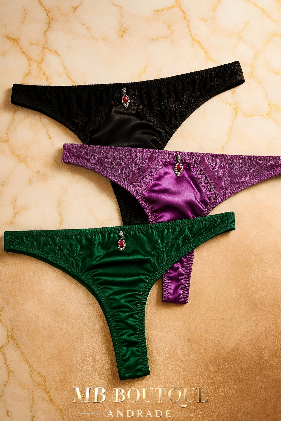 Kit com 3 Calcinhas Fio Dental Acetinadas com Joia – Lingerie Sensual para presentear