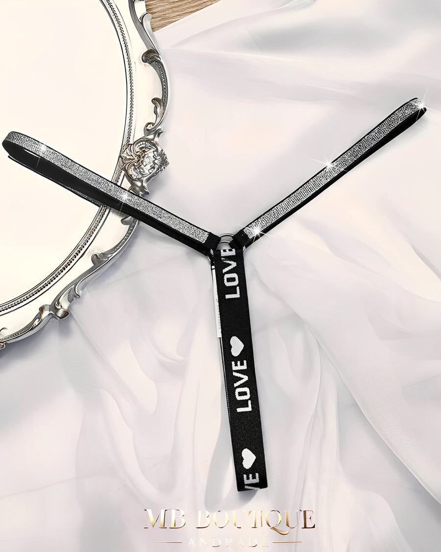 Calcinha Fio Dental Preta com Elástico LOVE em Brilho - Lingerie Sensual Feminina P ao GG