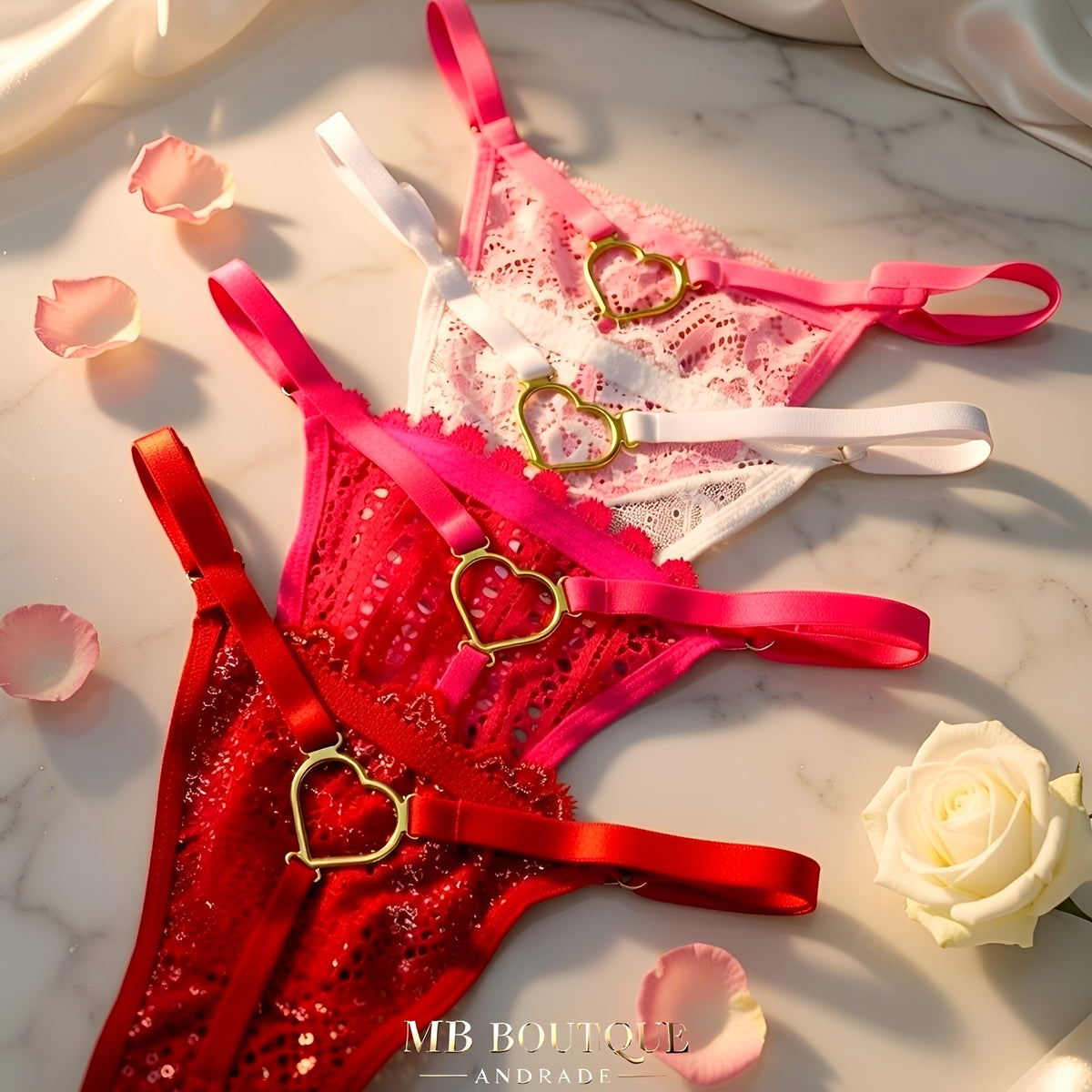 Calcinha Fio Dental Regulável em Renda com Coração Dourado - Lingerie Sensual Feminina P ao GG