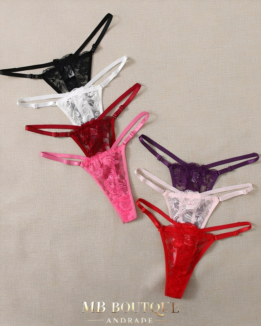 Kit 7 Calcinhas Fio Dental em Renda Regulável – Lingerie Delicada e Exclusiva P ao GG