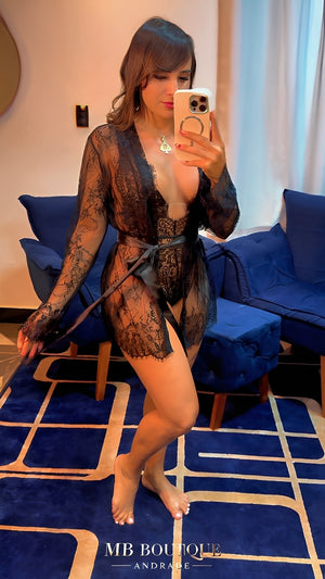 Body de Renda com Robe Feminino e Cinto de Cetim - Lingerie Sensual Elegante sem Bojo e sem Aro - Preto, Vermelho, P ao GG