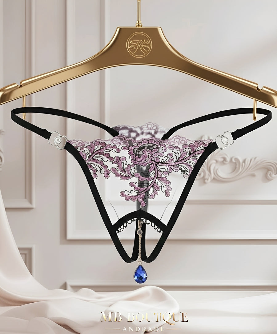 Calcinha Fio Dental com Abertura Inferior e Corrente Removível - Lingerie Sensual em Renda Transparente Preto e Branco (P ao GG)