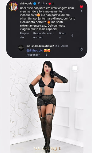 Conjunto Sensual Preto com Brilho e Strass – Inclui Meia 7/8, Top, Calcinha, Saia e Luvas