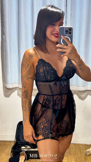 Camisola Sexy preta transparente – em Tule com Renda e Ligas de Perna