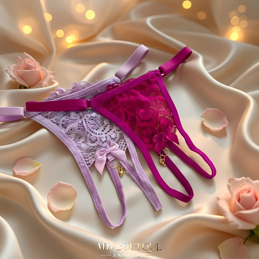 Kit 5 Calcinhas Fio Dental em Renda com laço e Regulagem P ao GG - Lingerie Sensual Feminina Preto, Branco, Vermelho, Lilás e Roxo