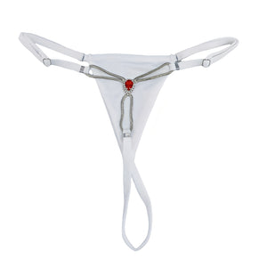Calcinha Fio Dental Luxo com Pedra Vermelha em Strass e Corrente Metálica - Lingerie Sensual Feminina - Cores vermelho, Preto e branco