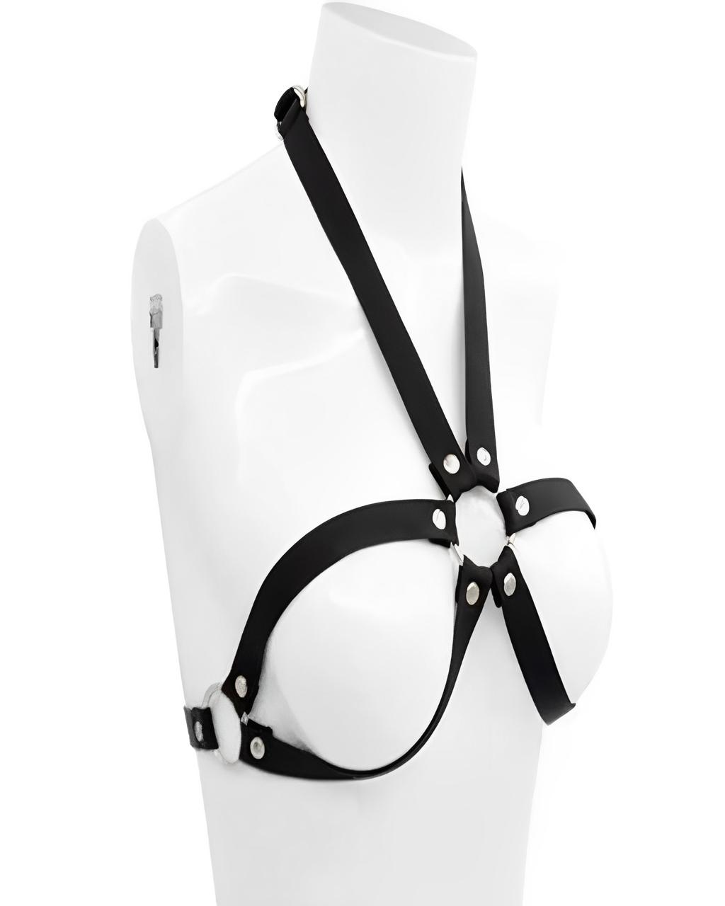 Harness Preto Peitoral Dominatrix – Cinto de Tiras Sensual com Argolas Metálicas