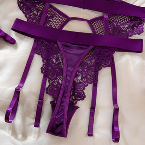 Conjunto Lingerie Sexy Roxo com Cinta-Liga, Meias e Luvas – Lingerie Sensual Feminina de Luxo
