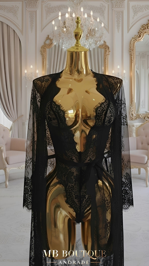 Body de Renda com Robe Feminino e Cinto de Cetim - Lingerie Sensual Elegante sem Bojo e sem Aro - Preto, Vermelho, P ao GG