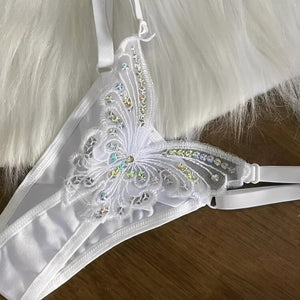 Calcinha Fio Dental com Borboleta Bordada e Lantejoulas - Lingerie Sensual Ajustável P ao G - Preto, branco e vermelho