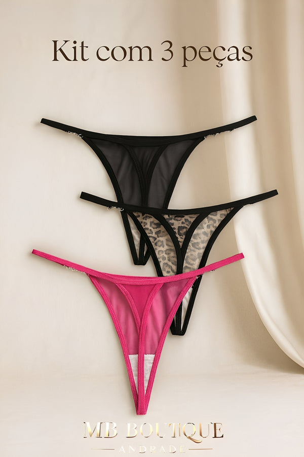 Kit com 3 Calcinhas Fio Dental em Tule e Animal Print com Detalhe Borboleta – Lingerie Sensual e Exclusiva - P ao GG