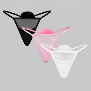 Calcinha Fio Dental Coelhinha com PomPom - Lingerie Sensual em Tule Transparente Rosa, Preto ou Branco | Calcinha Sexy Feminina P ao GG