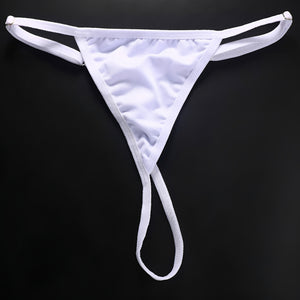 Calcinha Fio Dental Luxo com Pedra Vermelha em Strass e Corrente Metálica - Lingerie Sensual Feminina - Cores vermelho, Preto e branco