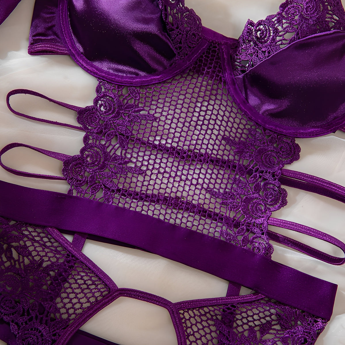 Conjunto Lingerie Sexy Roxo com Cinta-Liga, Meias e Luvas – Lingerie Sensual Feminina de Luxo