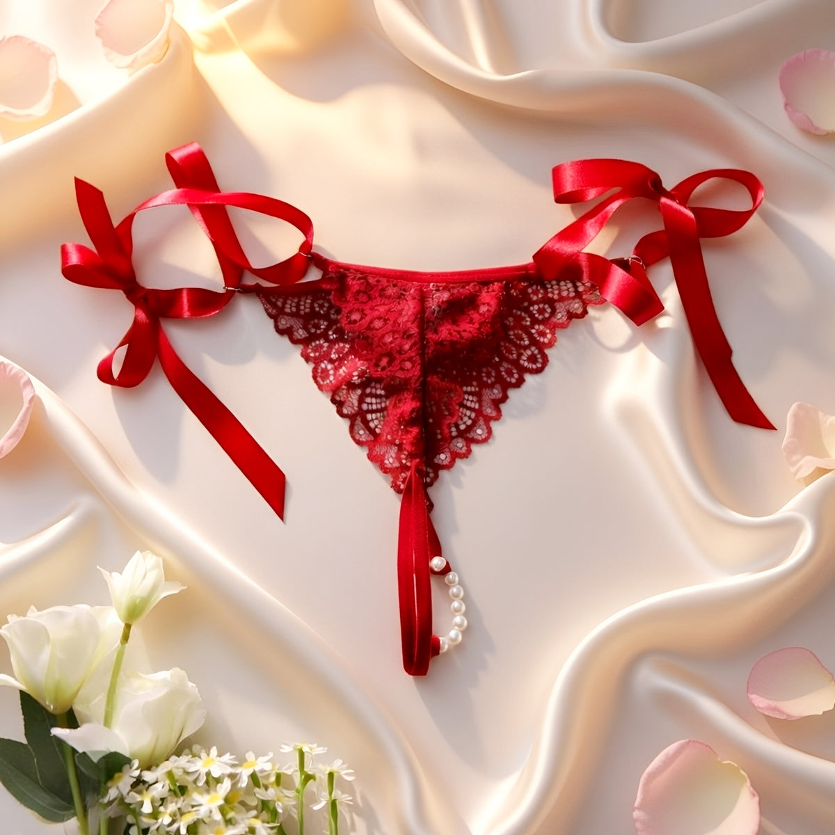Calcinha Fio Dental Tailandesa Vermelha com Pérolas e Renda - Lingerie Sensual Feminina de Luxo P ao GG