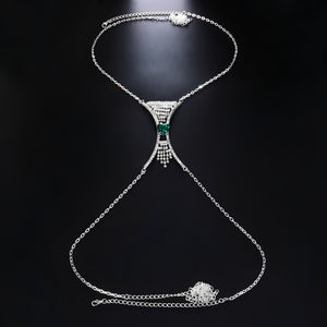 Colar Corporal de Luxo com Strass e Pedra Verde – Joia Sensual Feminina Prata ou Dourada