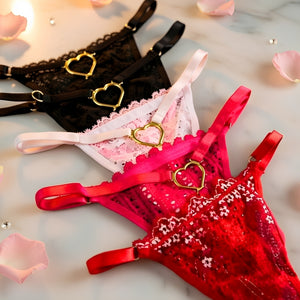 Calcinha Fio Dental Regulável em Renda com Coração Dourado - Lingerie Sensual Feminina P ao GG