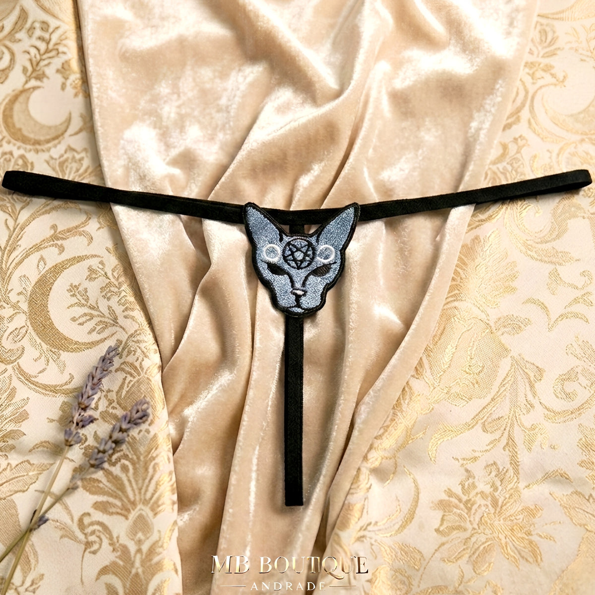Calcinha Fio Dental Preta Gatinha Bordada - Lingerie Sensual Feminina Diferenciada P ao GG