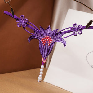 Calcinha Fio Dental com Pérolas em Renda Floral - Lingerie Sensual Feminina Luxo nas Cores Vermelho, Preto, Branco, Azul, Verde, Rosa e Roxo