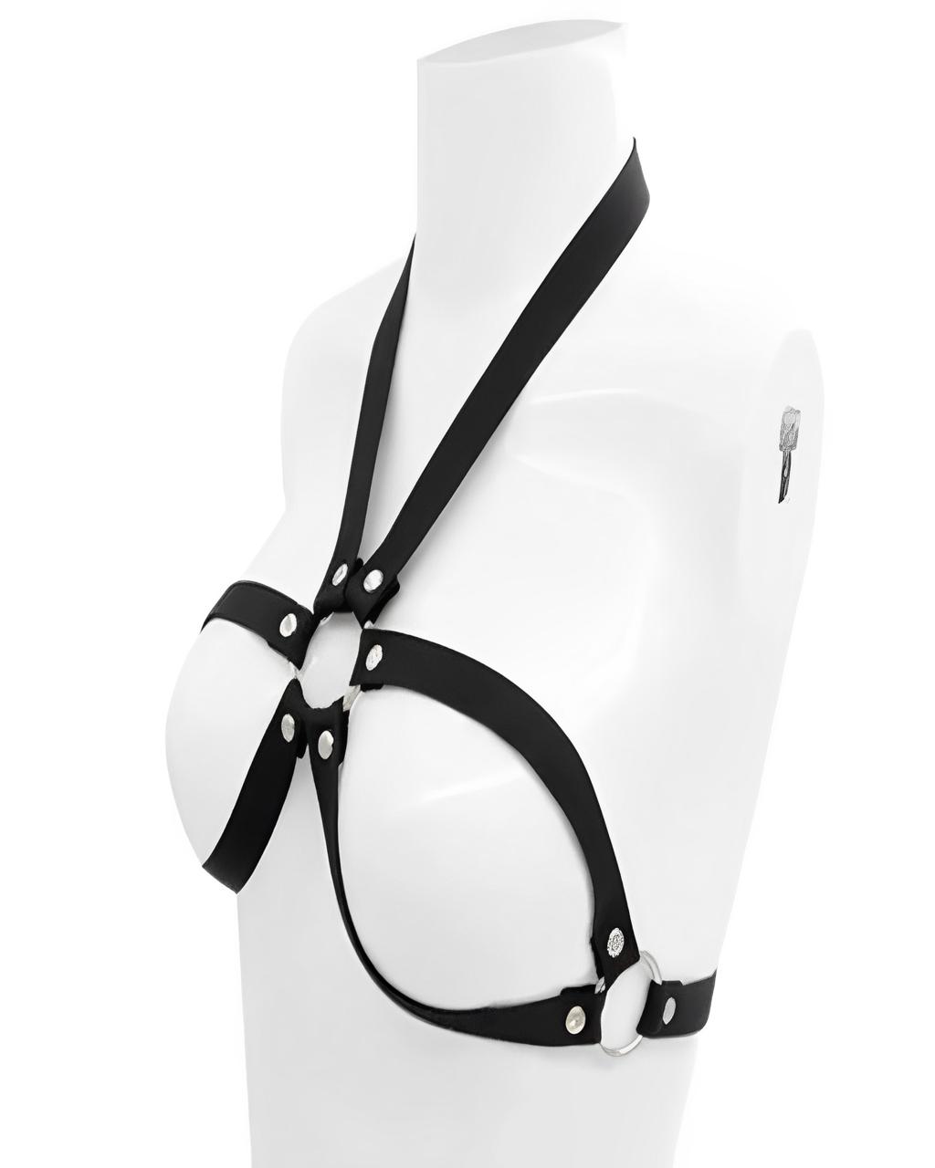 Harness Preto Peitoral Dominatrix – Cinto de Tiras Sensual com Argolas Metálicas