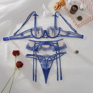 Conjunto Lingerie Azul Royal em Renda com Aro e Cinta-Liga - Lingerie Sensual Feminina Sem Bojo