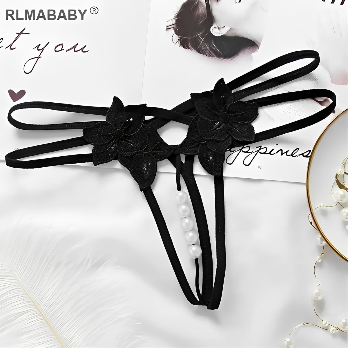 Calcinha Fio Dental Preta com Abertura Inferior e Pérolas - Lingerie Sensual em Renda Floral com Tiras Duplas (PP ao GG)