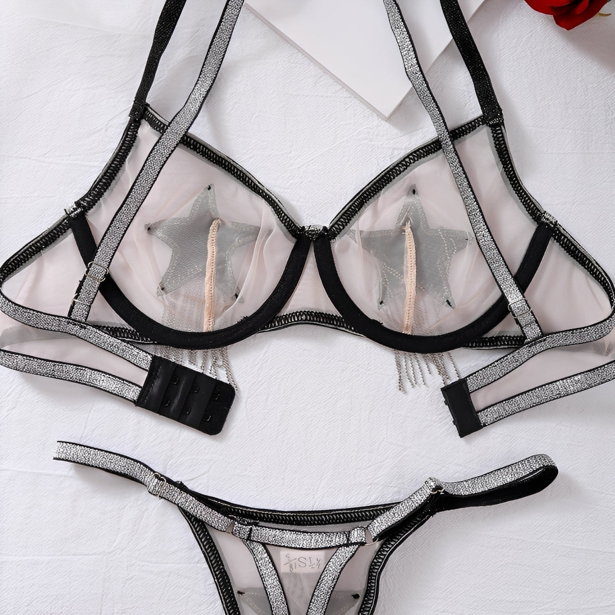 Conjunto de Lingerie Sexy Transparente com Estrela em Strass e Franjas – Sutiã com Aro e Calcinha Fio Dental Regulável P ao G