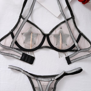 Conjunto de Lingerie Sexy Transparente com Estrela em Strass e Franjas – Sutiã com Aro e Calcinha Fio Dental Regulável P ao G