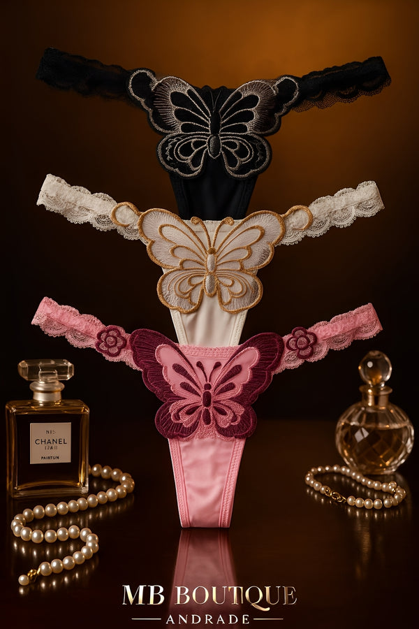 Kit 3 Calcinhas Fio Dental Borboleta em Renda Sexy – Lingerie Feminina Luxo para Noite Especial e Presente Sensual
