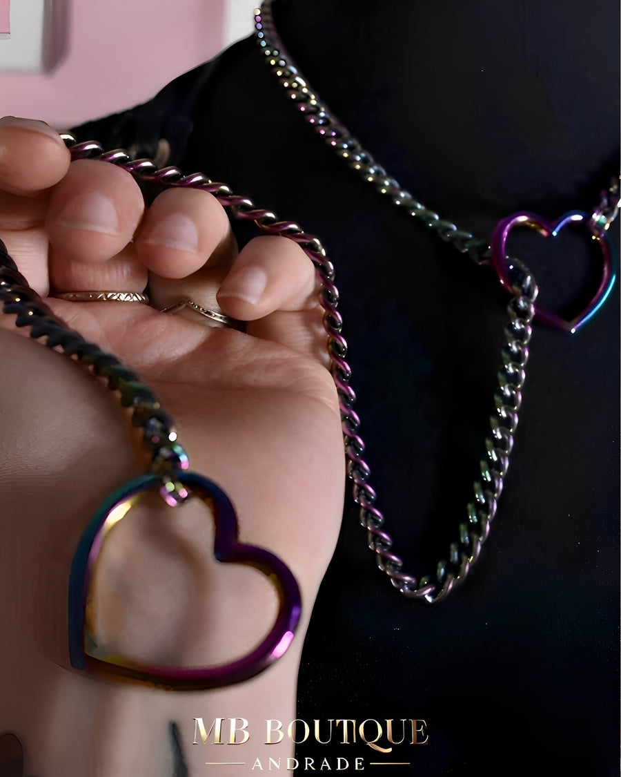 Colar Corrente com Coração Vazado – Aço Inoxidável Dourado, Prata ou Rainbow