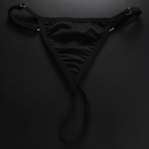 Calcinha Fio Dental Luxo com Pedra Vermelha em Strass e Corrente Metálica - Lingerie Sensual Feminina - Cores vermelho, Preto e branco